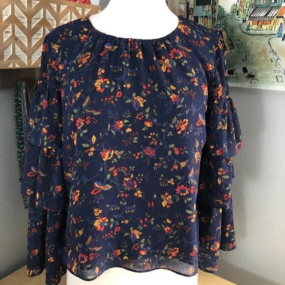 Madewell Floral Bell Sleeve Blouse - Navy and Red - Picture 3 of 12